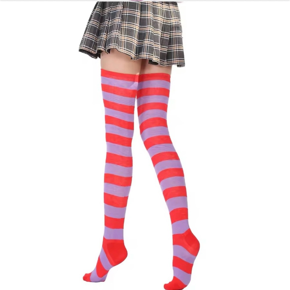 Striped Over-the-Knee Socks — Red & Purple